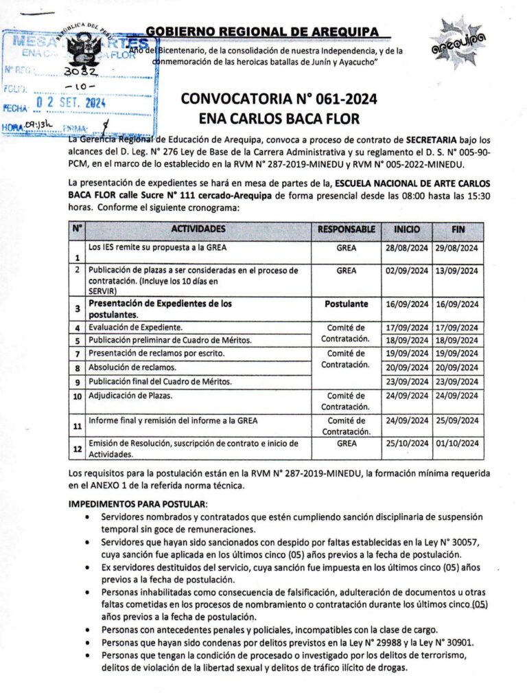 CONVOCATORIA: Contratación de secretaria D.L. 276